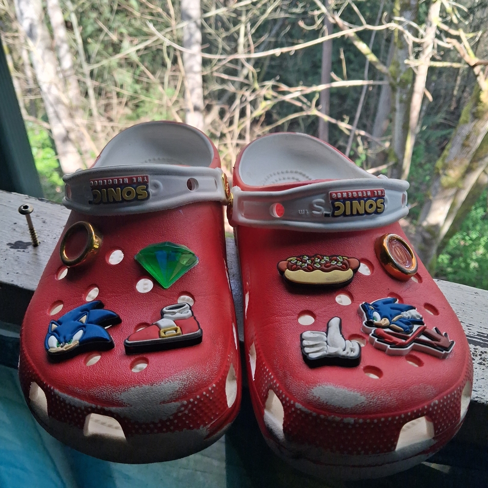 CROCS Red Kids Clogs with Sonic Charms and Decorative Pins